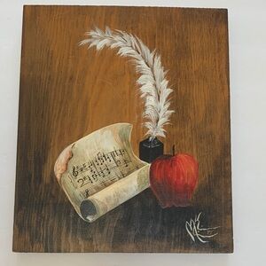 Vintage Still Life Painting with Red Apple & Scroll. Size: 9.5x11.5. Great Cond.